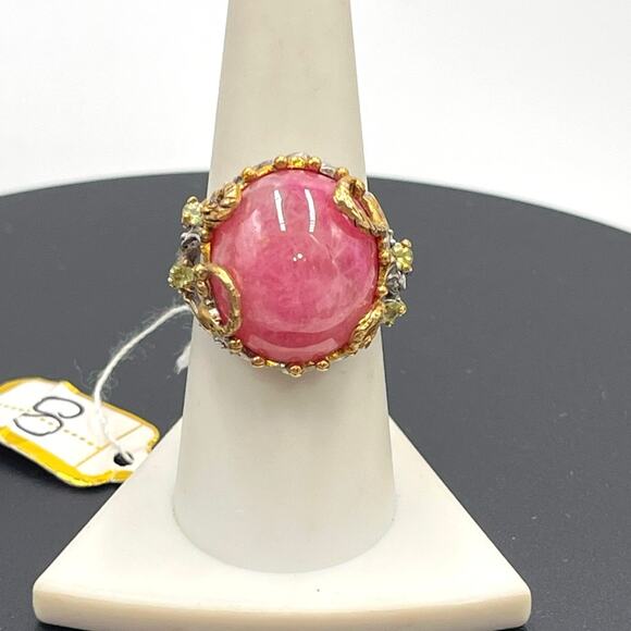 Sterling Silver Vermeil Large Ruby Cabochon Peridot Cocktail Ring Sz 8.25 - Picture 2 of 8